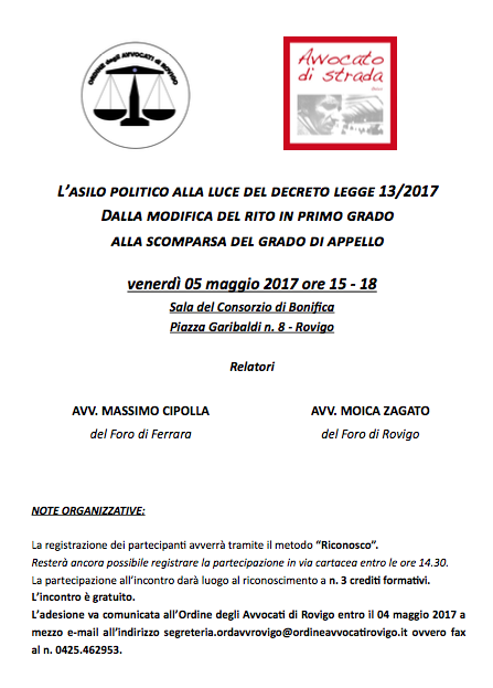05.05.17 Rovigo: “L’asilo politico alla luce del decreto legge 13/2017”