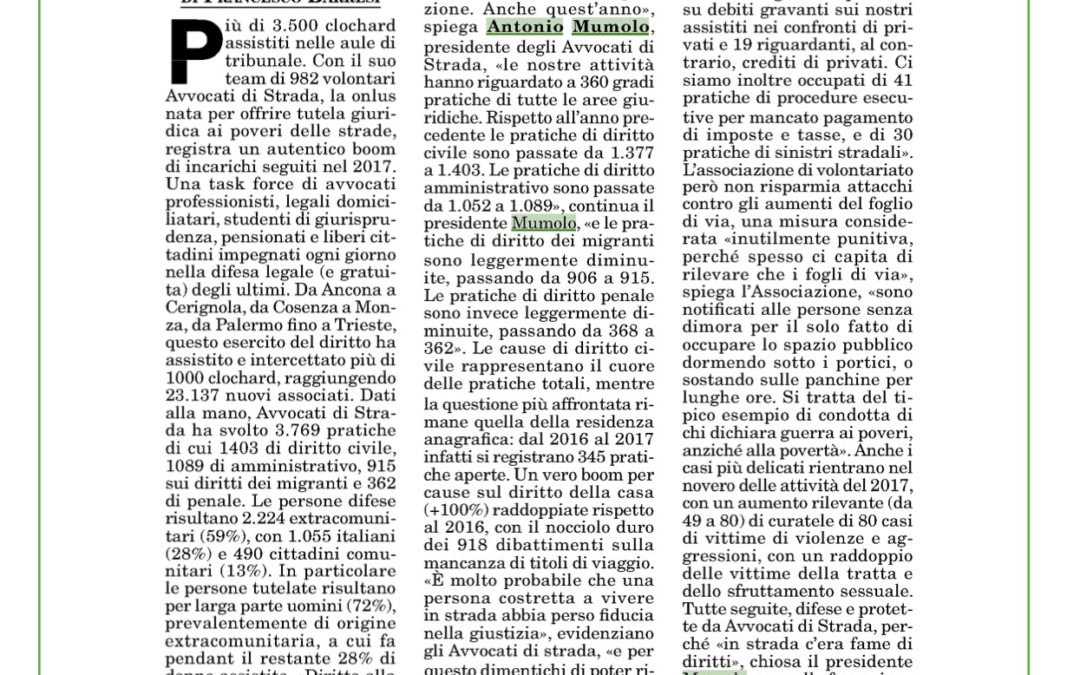 Italia Oggi: “Avvocato di strada, i clochard aiutati in aula”