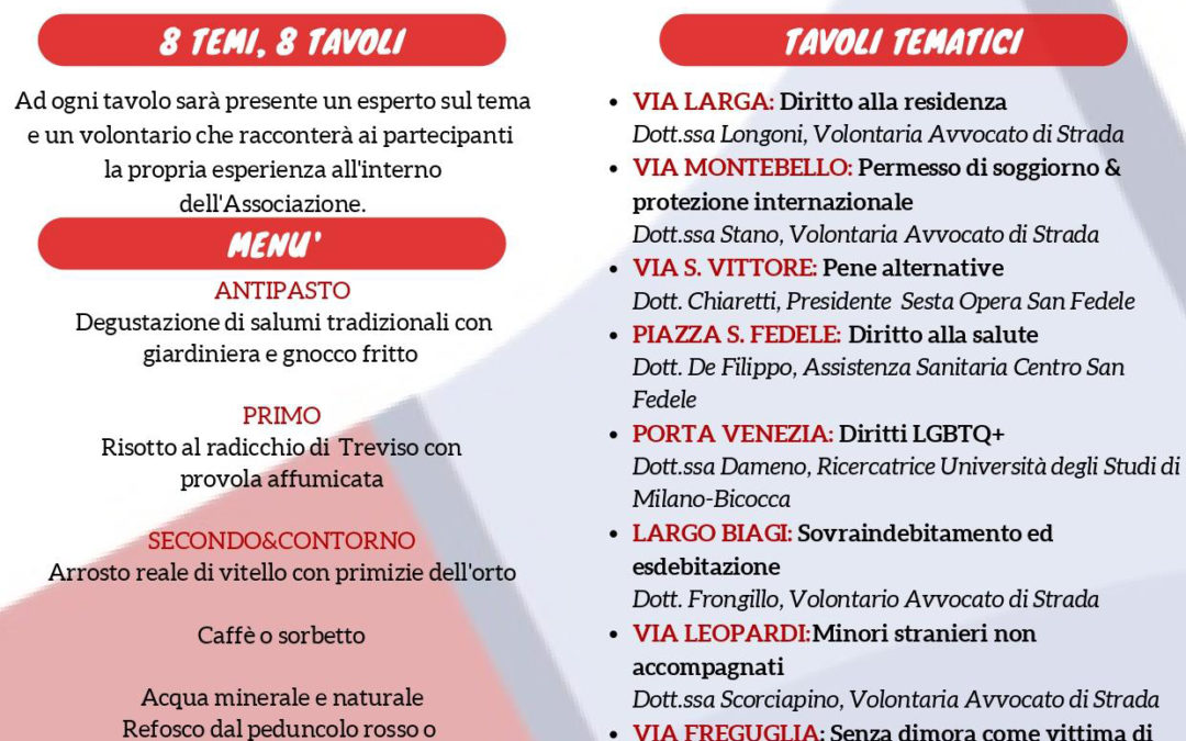 Milano, 25 ottobre | Cena dei diritti, a tavola con gli avvocati di strada