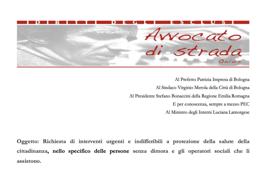 COMUNICATO STAMPA. Emergenza Covid19 e persone senza dimora, la battaglia continua. Lettere a pioggia a Ministero Interno, Prefetti, Presidenti di Regione e Sindaci