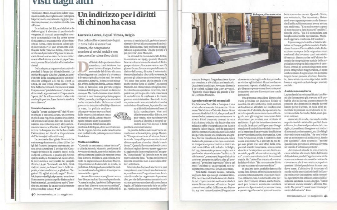 Internazionale. “Un indirizzo per i diritti di chi non ha casa”