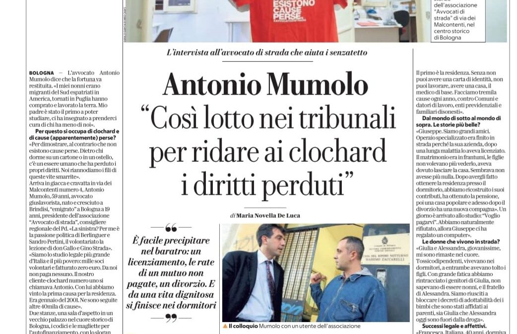 Antonio Mumolo a Repubblica: “Così lotto nei tribunali per ridare ai clochard i diritti perduti”