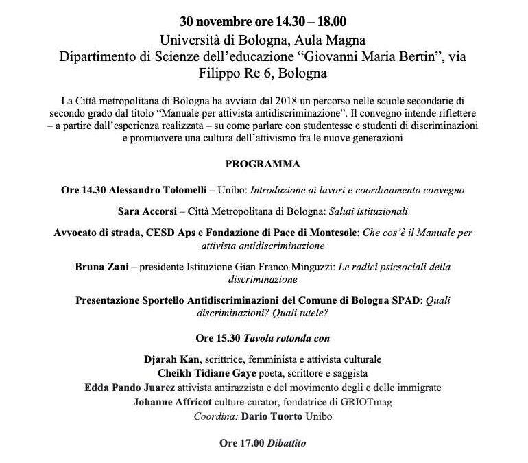 30.11.22 Bologna, “Per una pedagogia contro le discriminazioni”