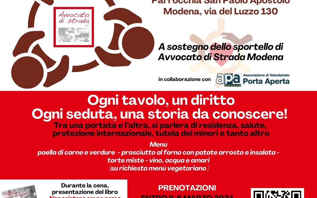 Il 9 marzo torna a Modena la “Cena dei diritti”